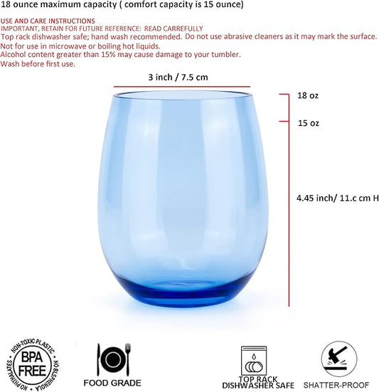 KX-WARE Unbreakable 18-ounce Acrylic Stemless Wine Glasses All Purpose Plastic Tumbler, set of 4 Multicolor Dishwasher Safe BPA Free Classic Style