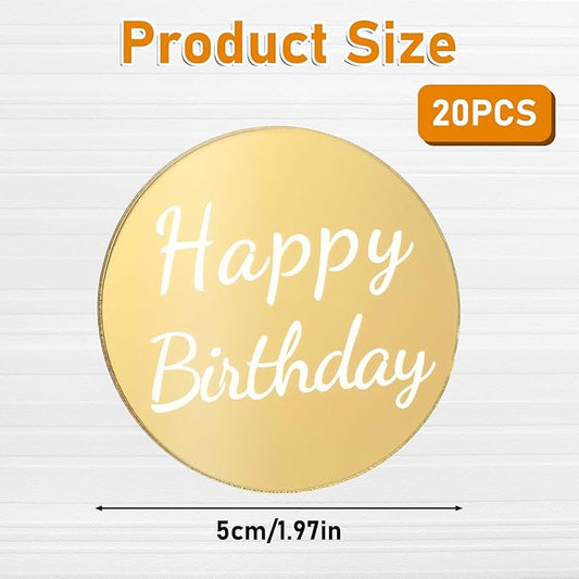 20 Pieces Happy Birthday Acrylic Cake Topper Round, Gold Disc Circle Engraved Personalized Mini Custom Mirror Set for DIY Cupcake Decoration