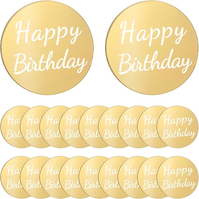 20 Pieces Happy Birthday Acrylic Cake Topper Round, Gold Disc Circle Engraved Personalized Mini Custom Mirror Set for DIY Cupcake Decoration