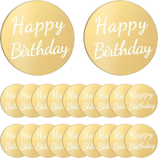 20 Pieces Happy Birthday Acrylic Cake Topper Round, Gold Disc Circle Engraved Personalized Mini Custom Mirror Set for DIY Cupcake Decoration