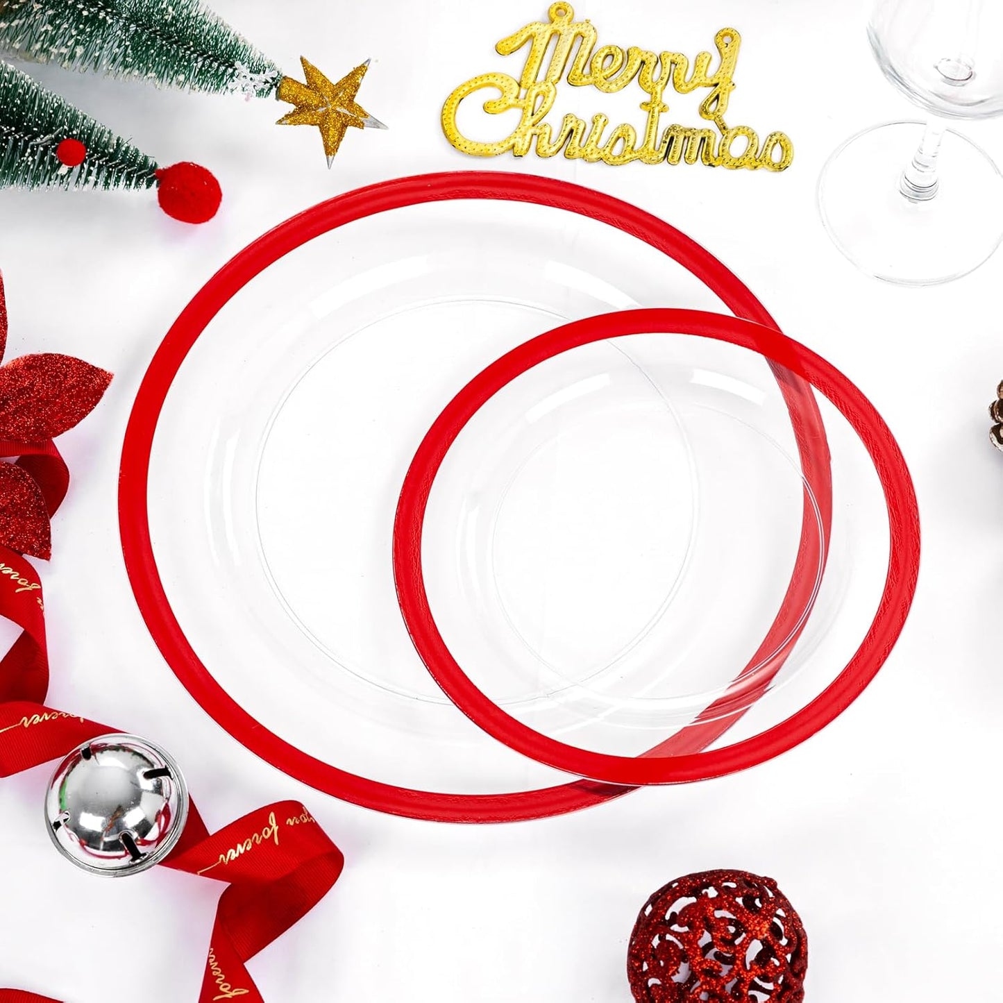 U-QE 120PCS Red Plastic Plates for Party - Christmas Plates Disposable Heavy Duty - Fancy Disposable Plates Include 60 10" Dinner and 60 7" Dessert Platos for Party & Wedding