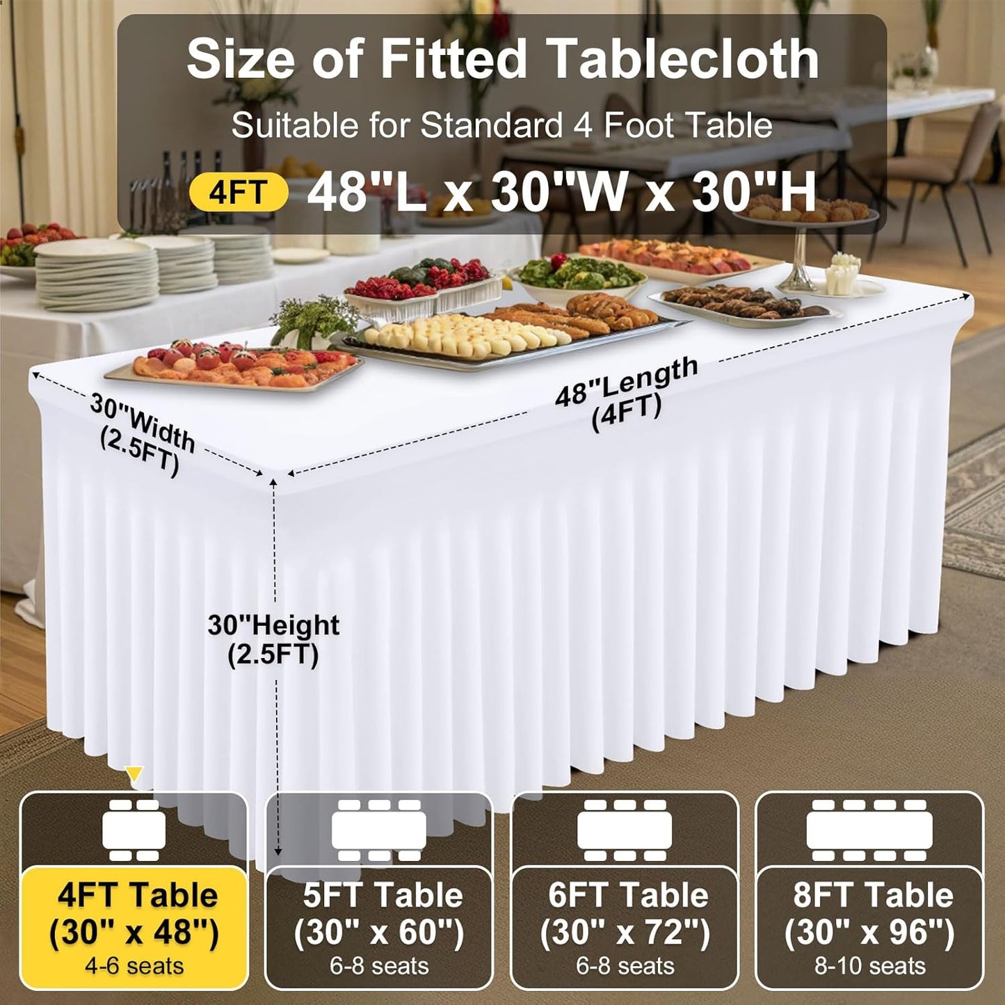 Smiry Spandex Tablecloth 2 Pack, Elastic Fitted Stretch Tablecloth for 4FT Rectangle Tables, Waterproof Washable Table Cover Skirt for Outdoor, Wedding, Banquet & Parties (White, 48Lx30Wx30H Inch)