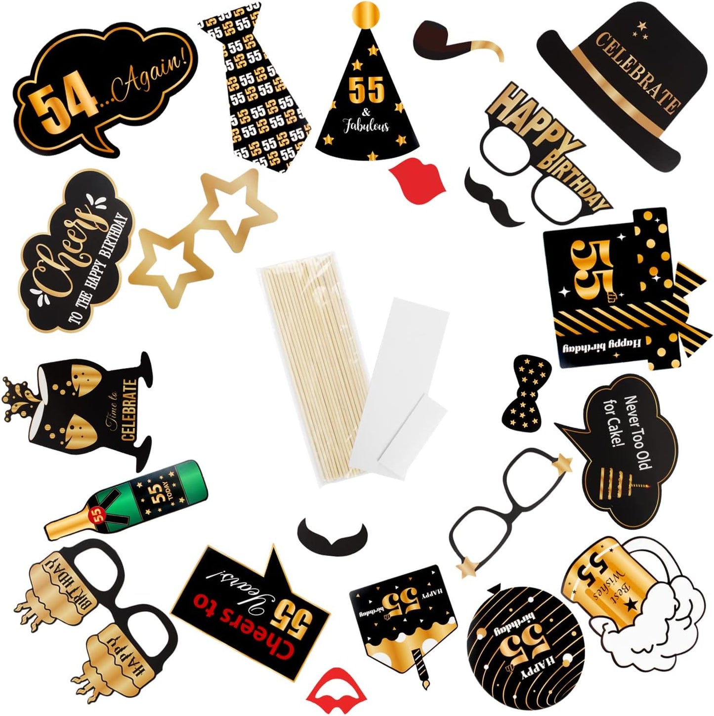 LINGTEER Happy 55th Birthday Party Photo Booth Props, Cheers to 55th Birthday, 36pcs Paper Photo Booth Props, Gold Color, Letter Print Pattern
