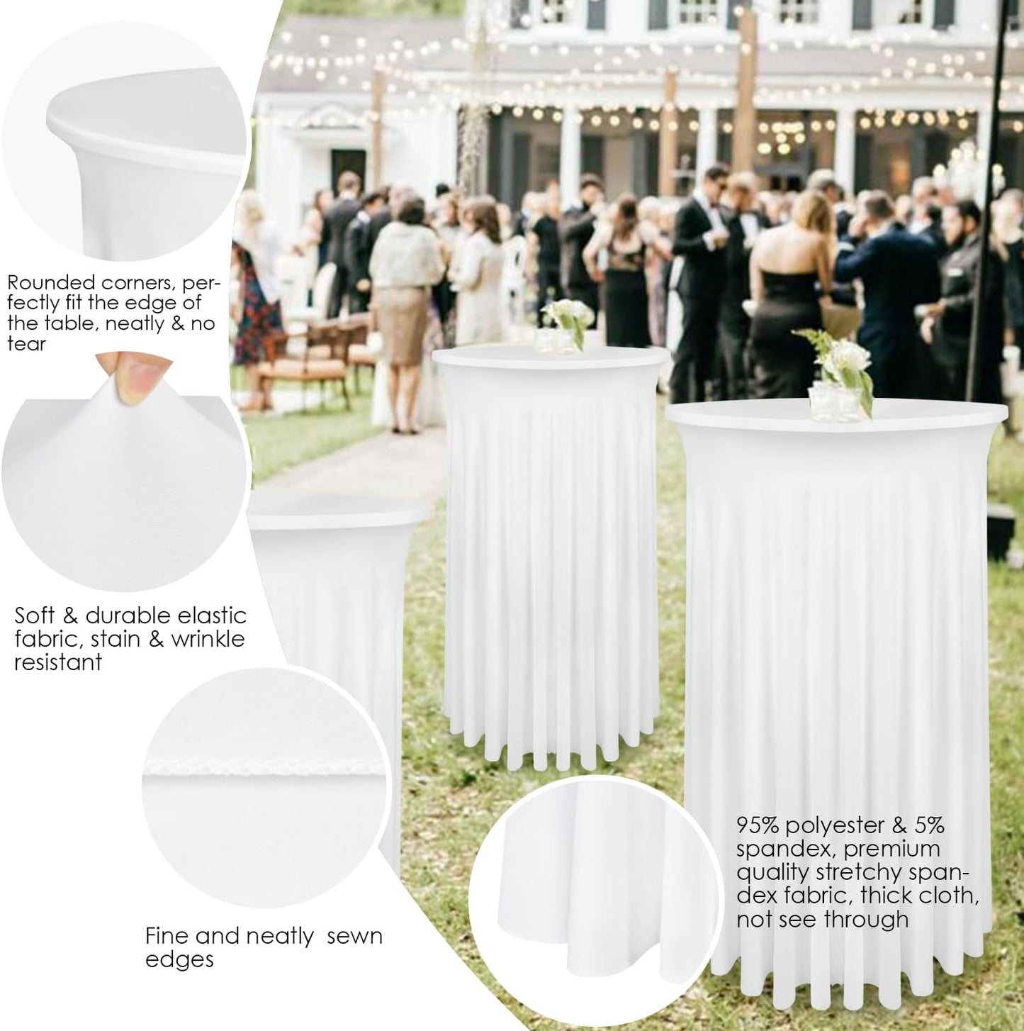 24"x 43" Round Cocktail Table Covers, Spandex Stretch High Top Table Cloths White Cocktail Tablecloth, TableSkirt with Natural Wavy Bar TableCover, Fitted Tablecloth for Party Wedding Banquet (2Pack)
