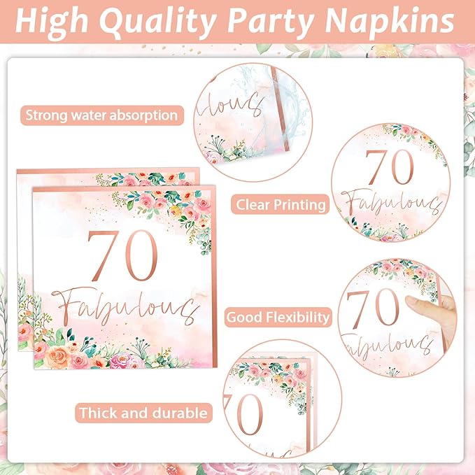 OBUSATT 96Pcs Floral 70 Fabulous Party Supplies 70th Birthday Paper Plates Napkins Rose Gold Party Decorations 70 Years Dinnerware Party Favor Women 70th Tableware Serves 24