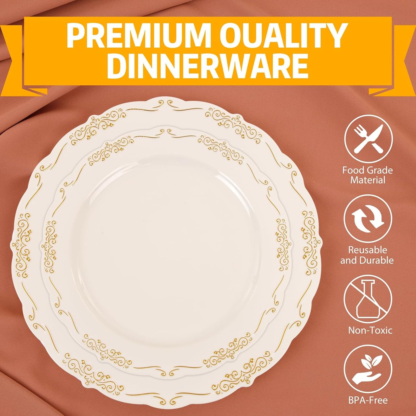U-QE 100 PCS Ivory Thanksgiving Plastic Plates with Gold Rim - Gold Plastic Plates for Thanksgiving - Heavy Duty Disposable Use Including 50 10 '' & 50 7.5 ''