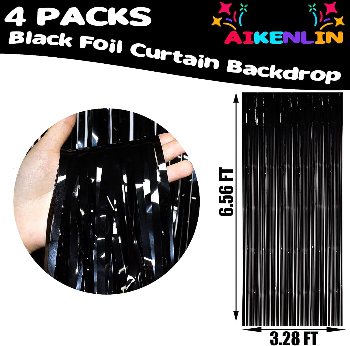 4 Pack 3.3Ft x 6.6Ft Black Foil Fringe Curtain Backdrop, Metallic Tinsel Foil Fringe Streamers Curtains Background for Photo Booth, Birthday, Wedding, Halloween, Christmas Party Decoration