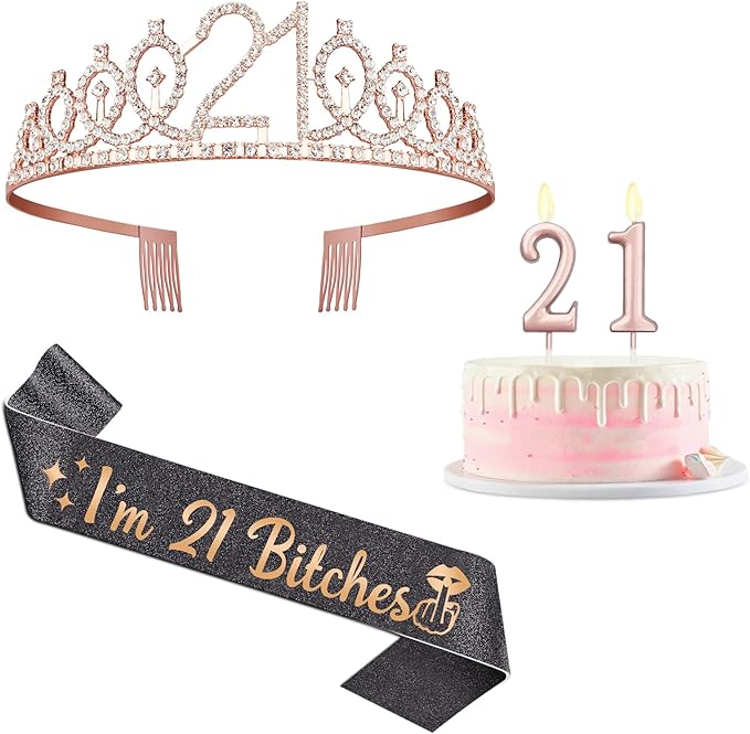 21st Birthday Decorations for Her with I'm 21 Bitches Sash and Tiara Rose Gold, 21 Candles Rose Gold, 21 Year Old Gifts for Her