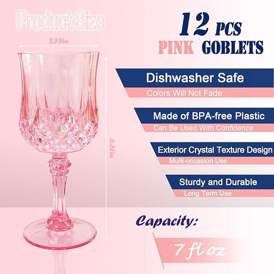 12 PCS Pink Plastic Wine Glasses,Reusable Plastic Wine Glasses,Pink Goblet Glass,Durable and Sturdy Cups Can Be Used for Various Parties Such as Weddings!