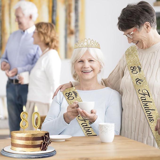 80th Birthday Decorations for Women Gold with Sash and Tiara, Gold Number Candles, 80th Birthday Gifts for Women