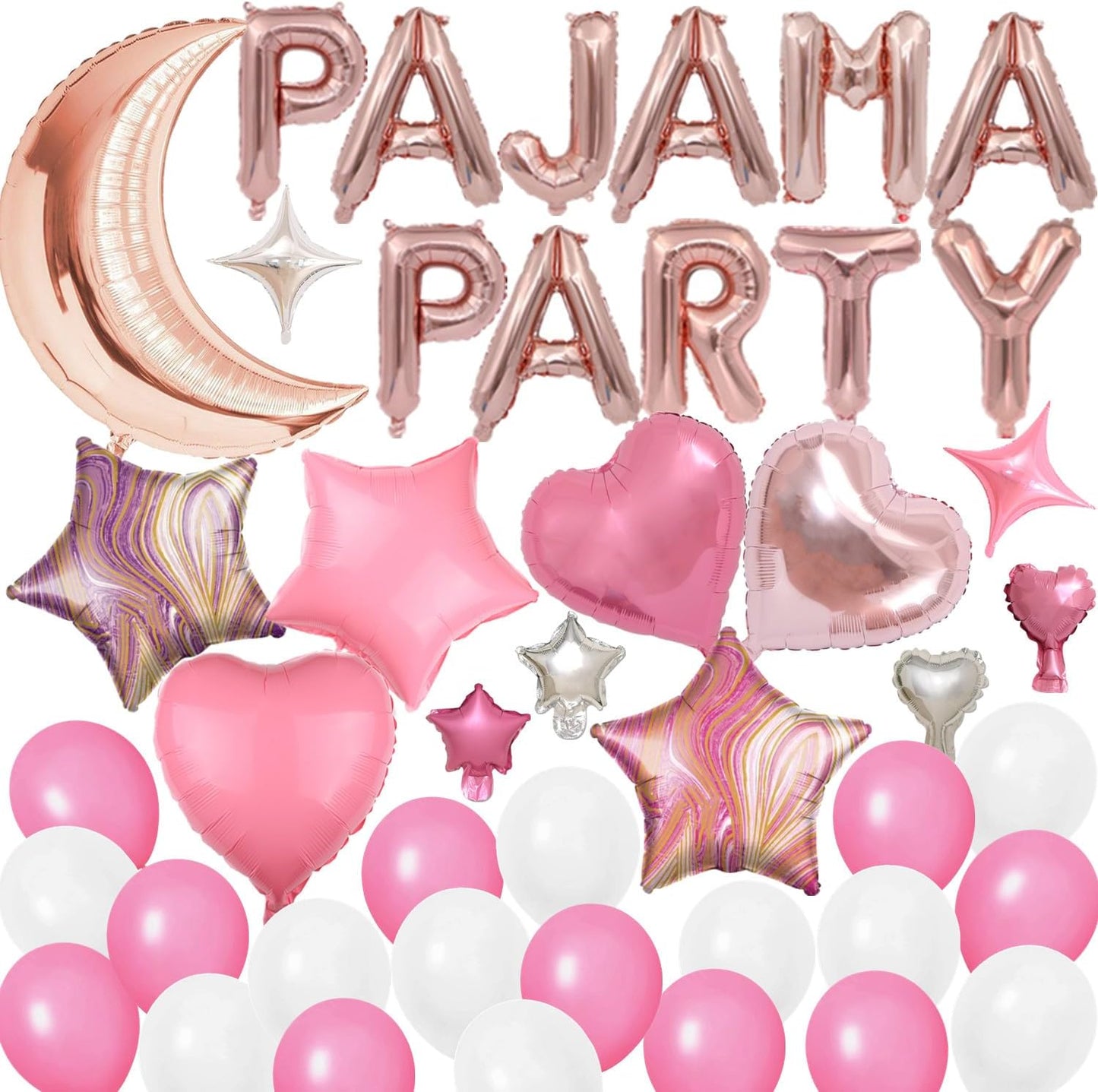 44 Pieces PAJAMA PARTY Balloons Rose Gold Moon Star Heart Aluminum Foil Balloons Pink Latex Balloons for Girls Women Slumber Party Sleepover Birthday Party Spa Party Decoration (Rose gold)
