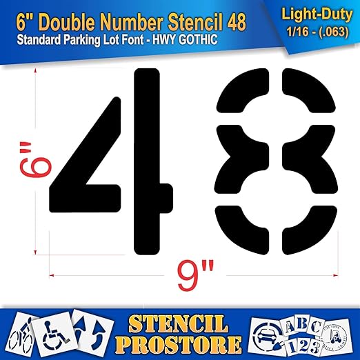 Pavement, Curb, and WheelStop Stencils - 6 inch Double Number Stencil - (48) - 6" x 9" x 1/16" (63 mil) - Light-Duty