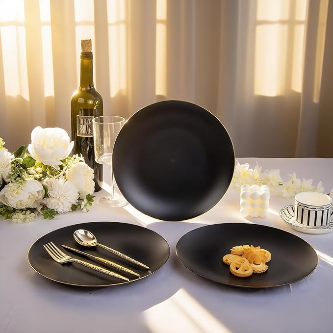 EI enjonirinjonir 80pcs Black and Gold Dinner Plates Disposable 10.25inch,Plastic Party Plates with Gold Rim,Black Plastic Matte plate Frosted Disposable Heavy Duty,Elegant for Wedding/Tea Party