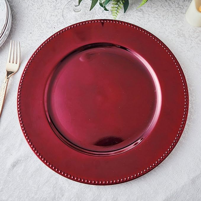 Efavormart 6 Pack - 13" Burgundy Round Acrylic Beaded Charger Plates Perfect for Wedding Catering Decorations Centerpieces, Events Party, Tabletop Decor & Dinner Servers
