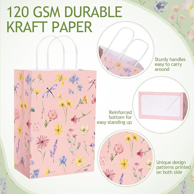 Gaillty 24 Pcs Floral Paper Gift Bags Flower Butterfly Goodie Bags with Handles Wildflower Wedding Welcome Bag for Wedding Bridal Shower Engagement Baby Shower Birthday Spring Tea Party Supplies