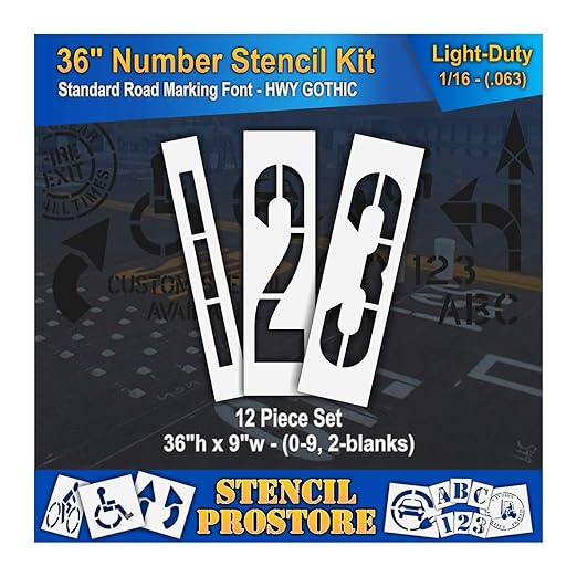 Pavement Stencils - 36 inch Number KIT Stencil Set - (12 Piece) - 36" x 9" x 1/16" (63 mil) - Light-Duty