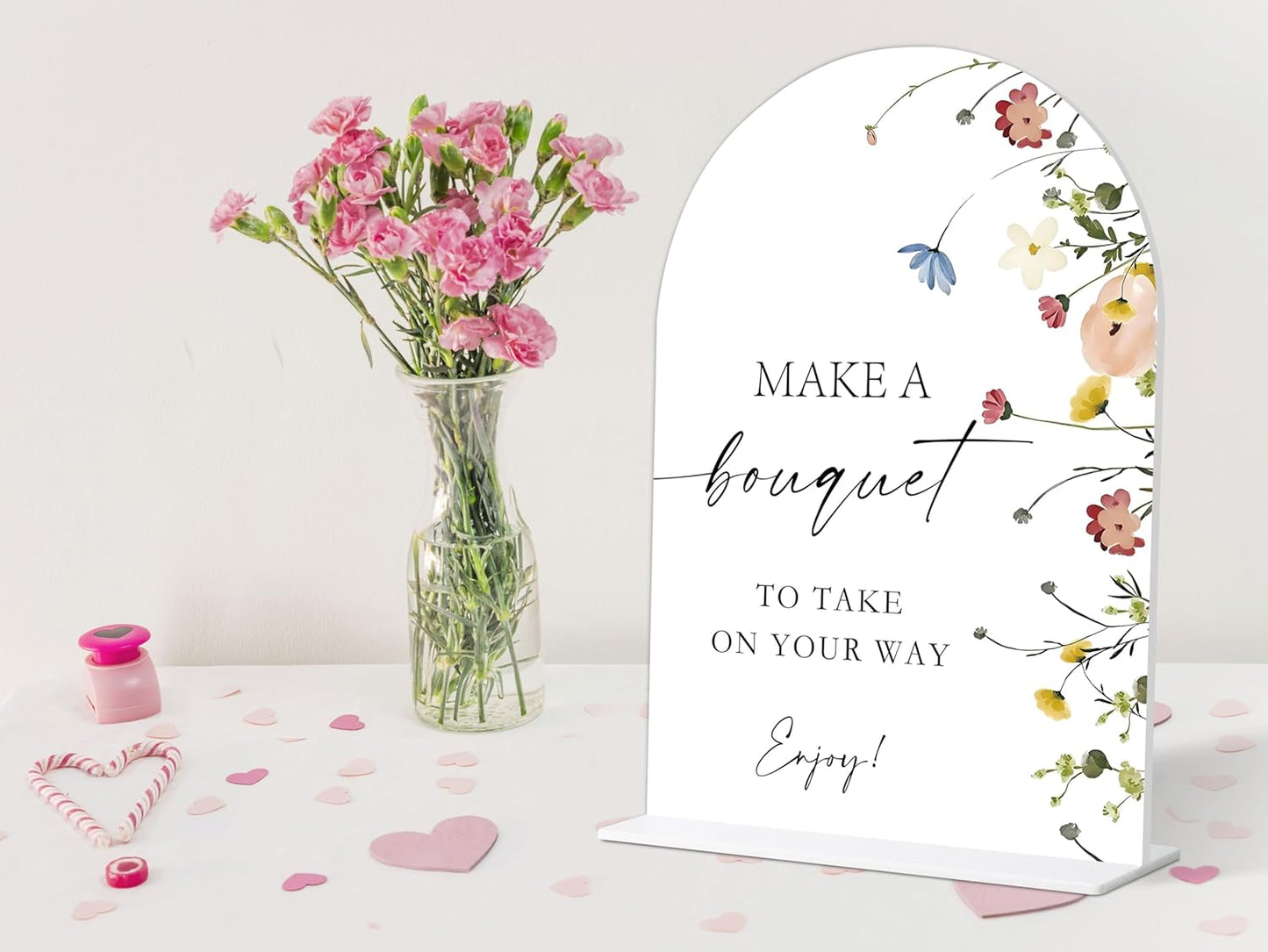 Make A Bouquet Sign, Flower Style Bridal Shower Sign for Wedding, Engagement, Bridal Shower and Reception, Bridal Shower Decorations, Wedding Shower Favors, 6X8 Inch Acrylic Arch Sign with Stand,26