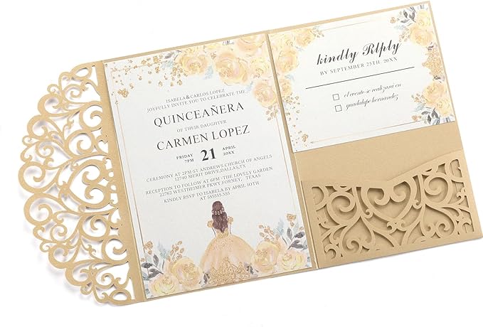 50PCS Gold Wedding Invitation, Bridal Shower Invitations Blank Personalized Wedding Rsvp Cards with Envelopes and Sticker, Pearl Paper Inserts Laser Cut Pocket for Festival Anniversary Housewarming
