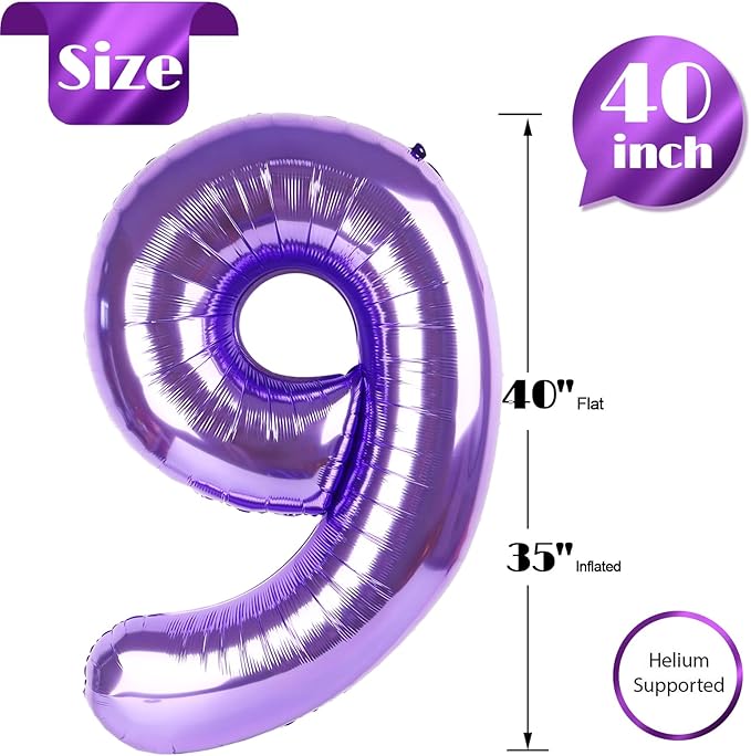 Purple Number 9 Balloon 40 Inch, 9th Birthday Party Decorations for Children, Giant 9 Foil Balloon for Party Supplies