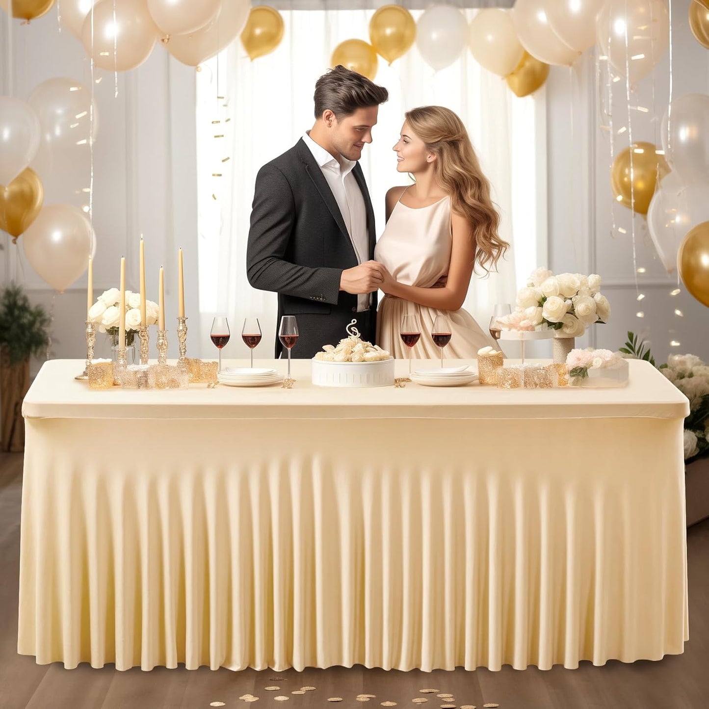 PARTISKY Champagne Spandex Tablecloth for 4ft Rectangle Tables, Stretchable Table Cover Skirt for Folding Tables Weddings Parties Banquets Events Trade Shows and Dessert Table