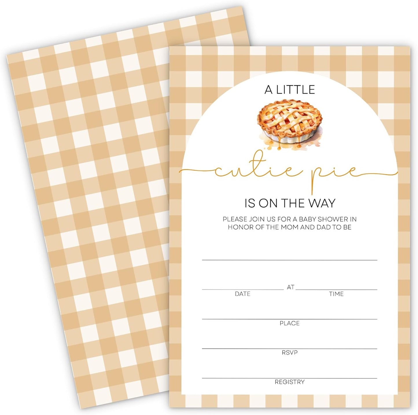 “Cutie Pie” Baby Shower Invitations - Gingham & Pie Design with Envelopes And RSVP Cards - 20Pcs Fill In Baby Shower Party Cards(4 x 6 Inch) (045)