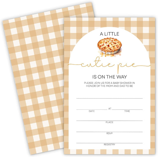 “Cutie Pie” Baby Shower Invitations - Gingham & Pie Design with Envelopes And RSVP Cards - 20Pcs Fill In Baby Shower Party Cards(4 x 6 Inch) (045)