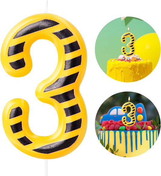 Construction Number 3 Candle, Number 3, Modern, Yellow+Black, Uniscented, Long Burning, Odorless, Indoor, All Season, Construction Themed Birthday Candle