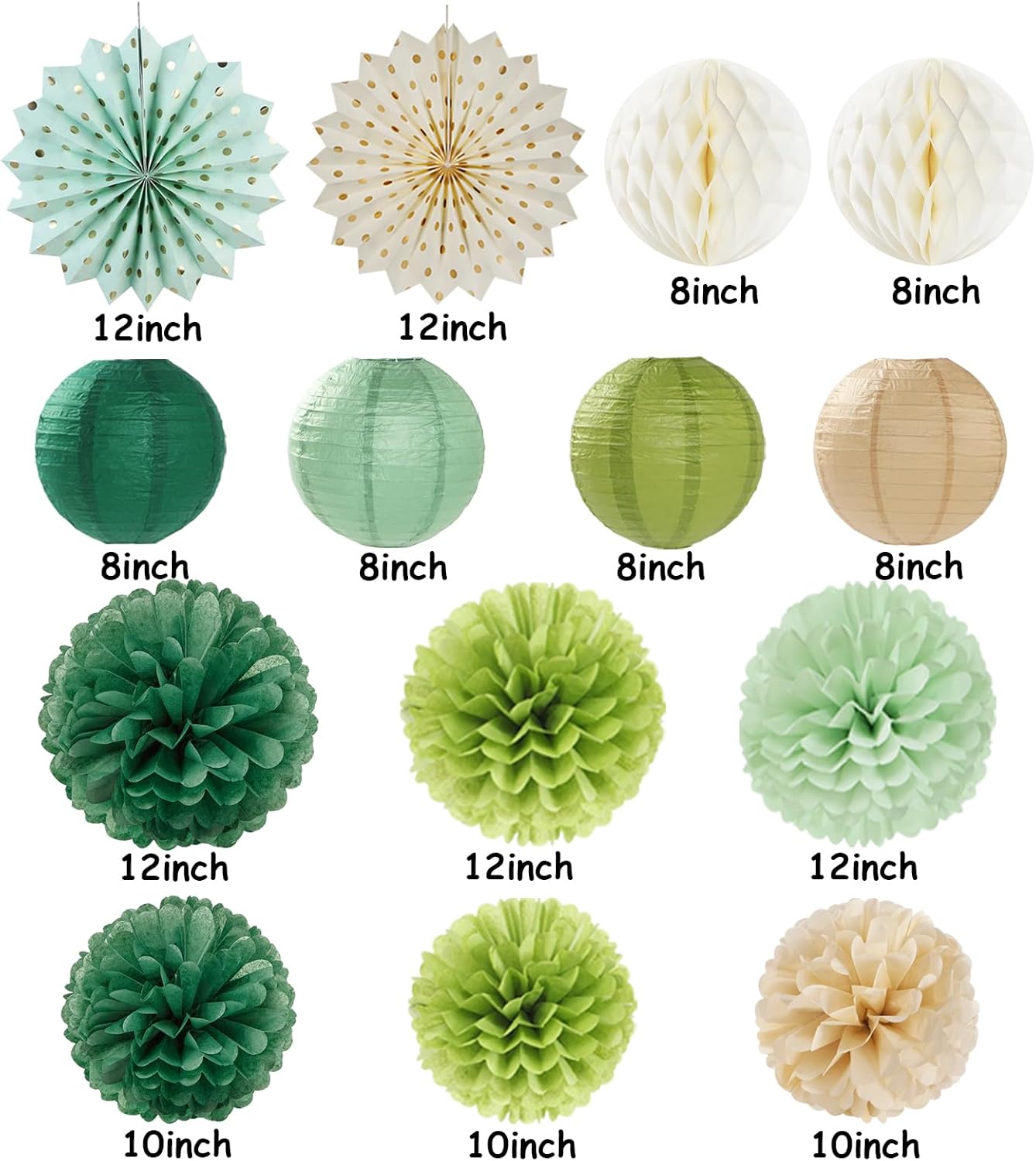 Sage Green Gold Party-Decorations Streamers-Lanterns - 14pcs Olive Paper Fan Honeycomb, Rustic Boho Neutral Birthday Tissue Pom Poms, Baby Bridal Shower Wedding Bachelorette Decor Lasting Surprise