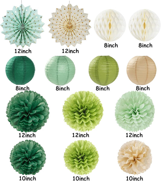 Sage Green Gold Party-Decorations Streamers-Lanterns - 14pcs Olive Paper Fan Honeycomb, Rustic Boho Neutral Birthday Tissue Pom Poms, Baby Bridal Shower Wedding Bachelorette Decor Lasting Surprise