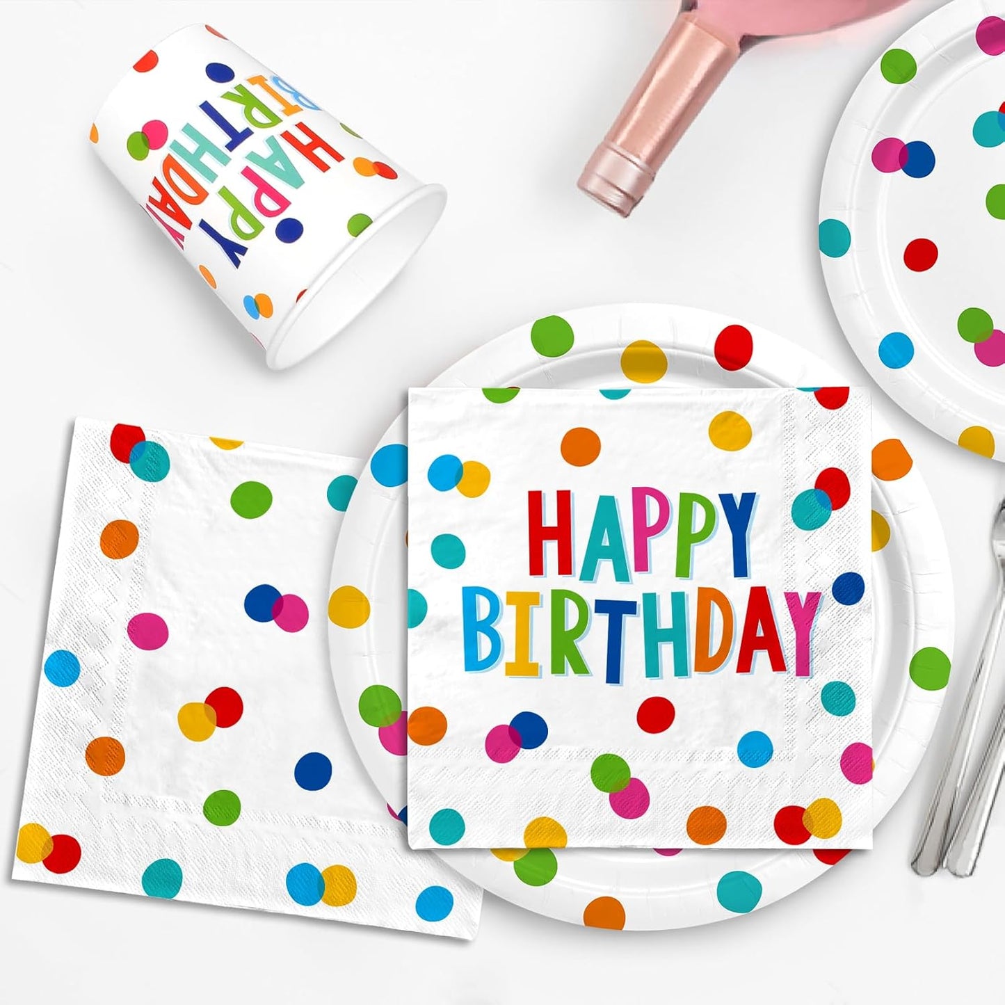 Happy Birthday Decorations: Happy Birthday Party Supplies Set with Birthday Dots Design- Includes Disposable Paper Birthday Plates and Napkins, Cups, Tablecloth, and Banner for decorations, Serves 25.