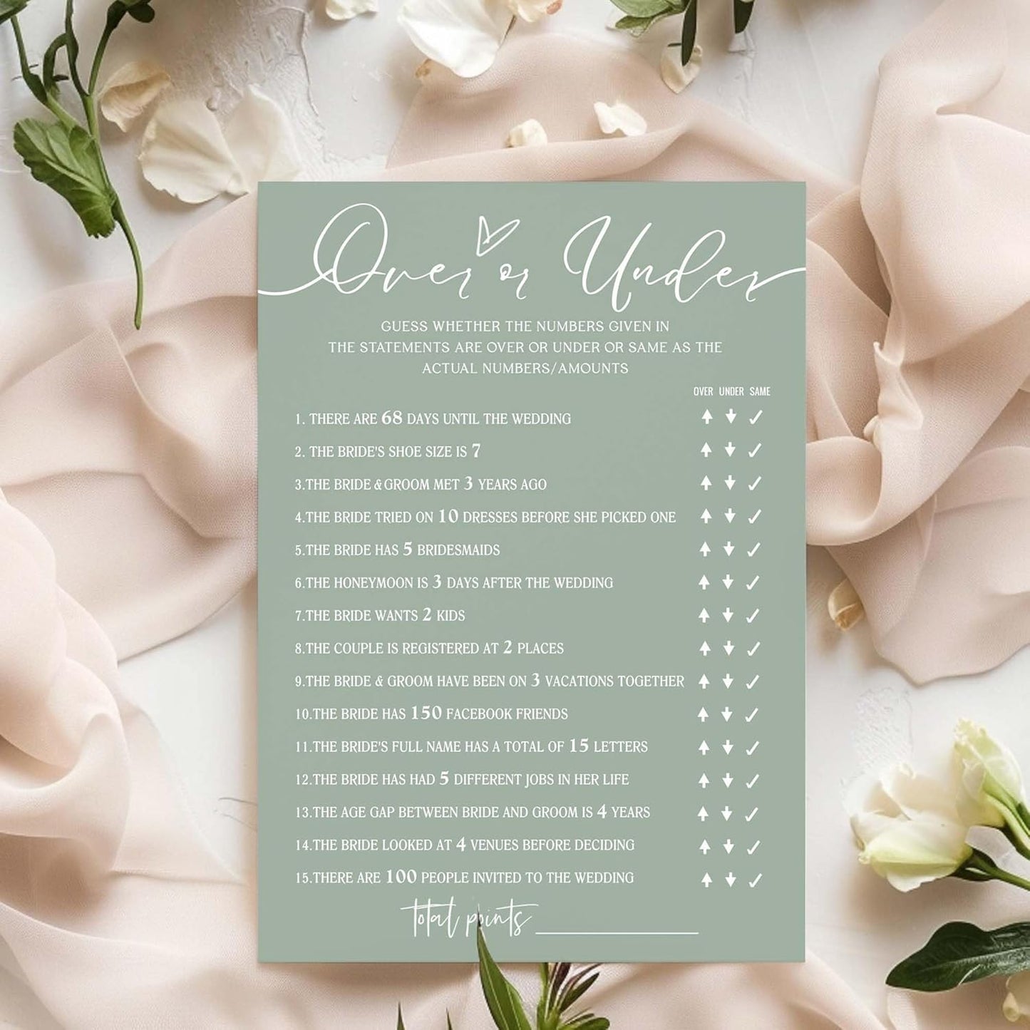 Bridal Shower Games Cards, Guess Over or Under, Bridal Shower Game 25 Guests, Engagement Party Wedding Games for Guests, Minimalist Green Wedding Party Supplies - C13