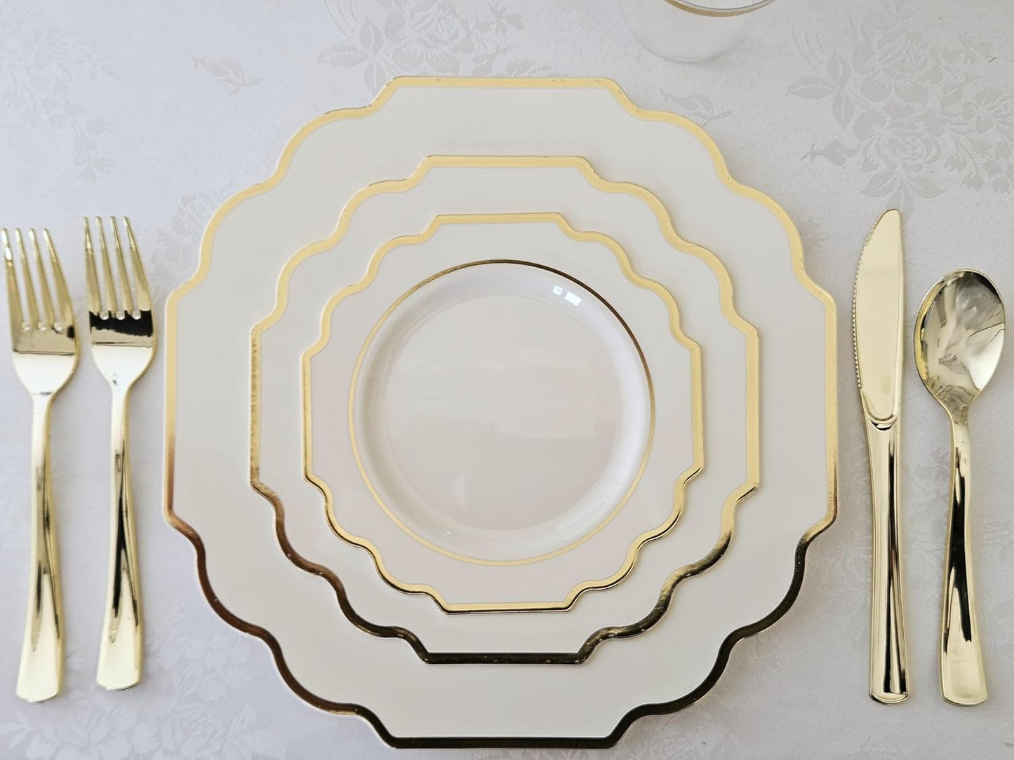 " OCCASIONS " 80 Plates Pack,(40 Guests) Heavyweight Wedding Party Disposable Plastic Plates Set -40 x 10.5'' Dinner + 40 x 8'' Salad/Dessert Plate (Imperial Ivory & Gold)