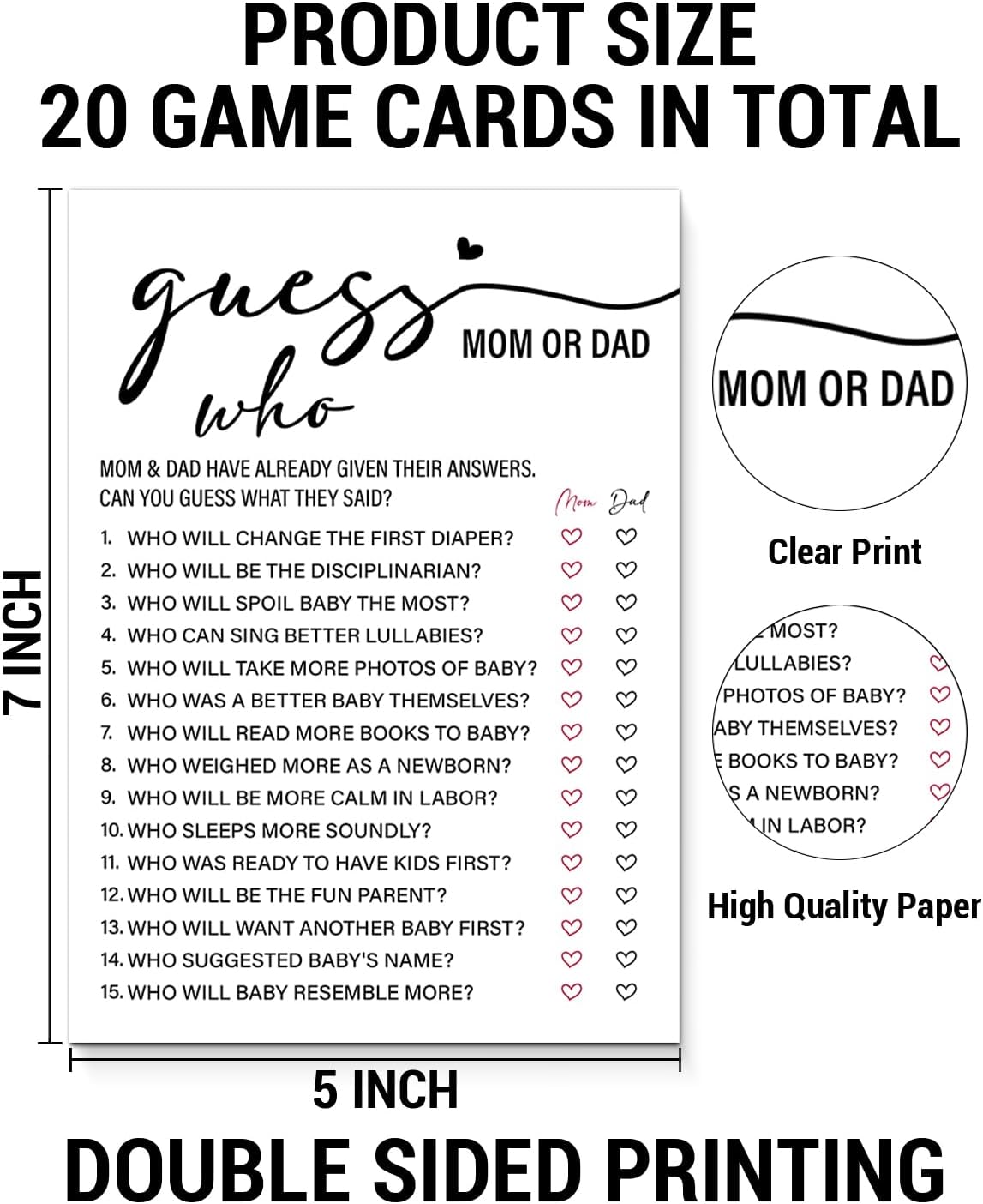 Mom or Dad Baby Shower Game, 20 Guess Who Game Cards, Baby Shower Games for Girl or Boy, Gender Reveal Games, Minimalist Gender Neutral Party Supplies
