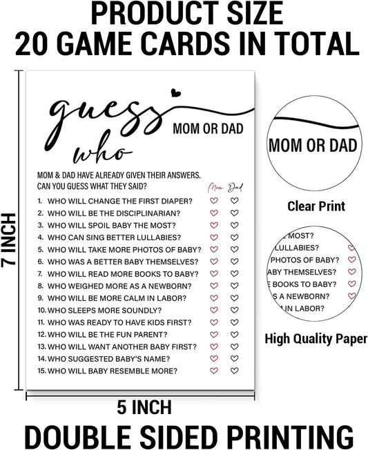 Mom or Dad Baby Shower Game, 20 Guess Who Game Cards, Baby Shower Games for Girl or Boy, Gender Reveal Games, Minimalist Gender Neutral Party Supplies