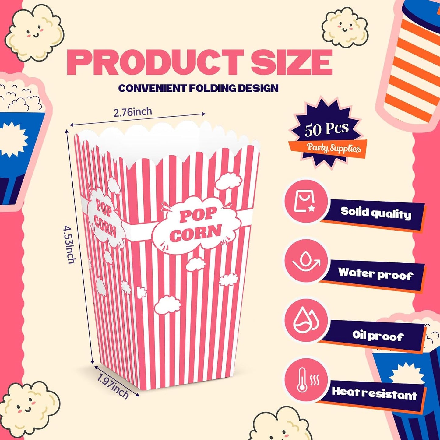 50 Pcs mini Stripe Popcorn Boxes Buckets and Container for Home for Graduation Carnival Summer Birthday Party Supplies(Pink)