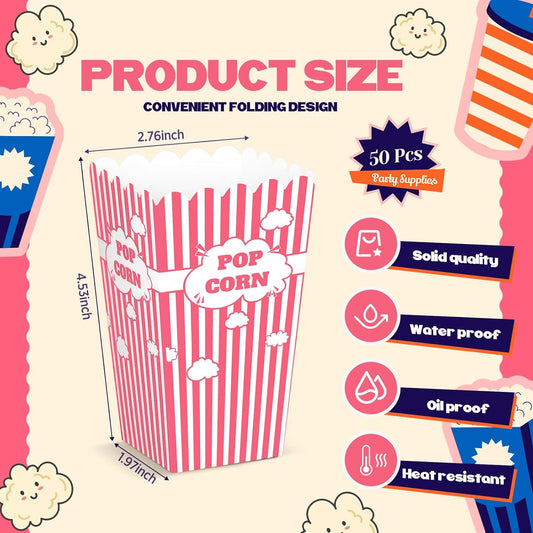 50 Pcs mini Stripe Popcorn Boxes Buckets and Container for Home for Graduation Carnival Summer Birthday Party Supplies(Pink)