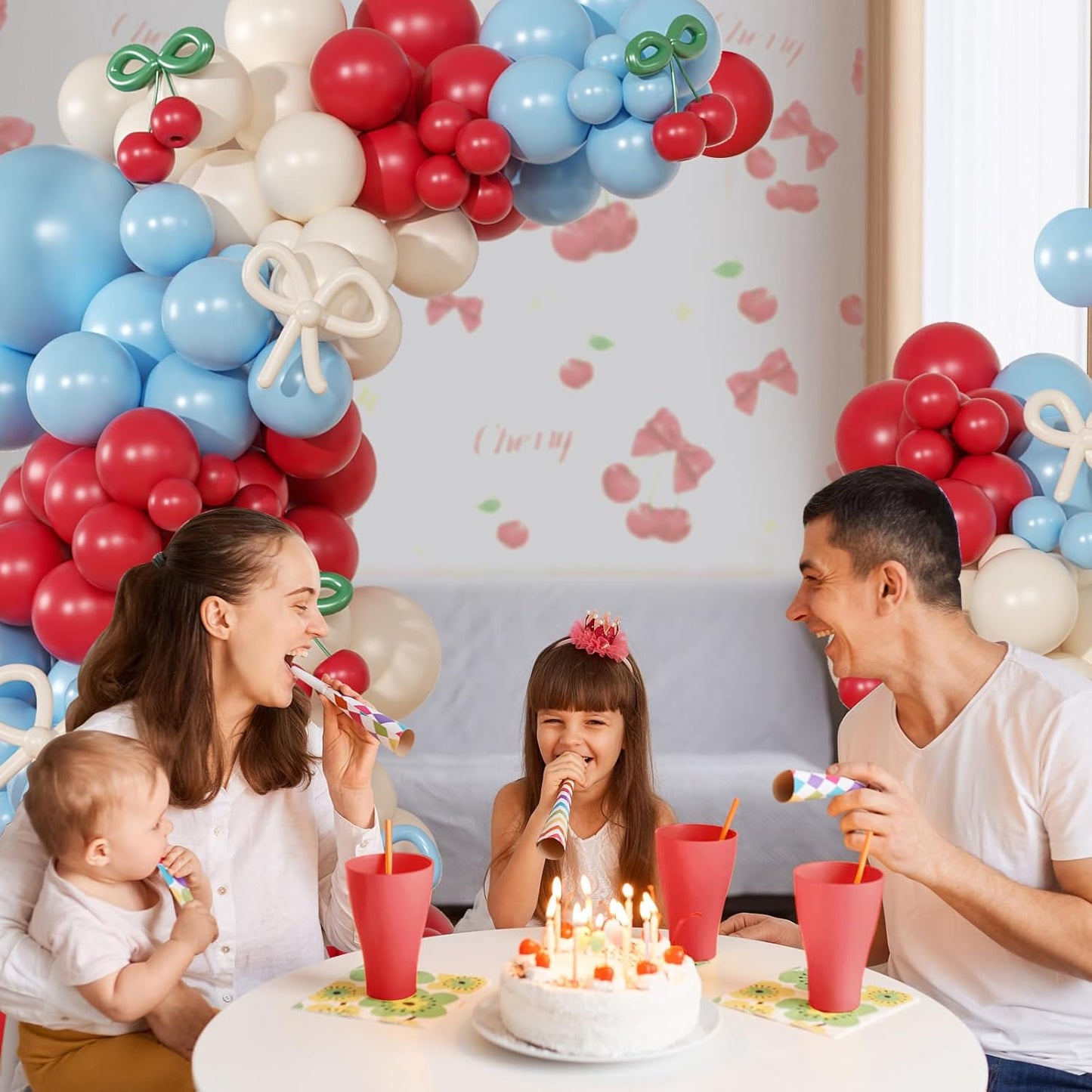 CROSSFINGERS Cherry Red and Blue Balloon Garland Arch Kit,150pcs Bow Light Blue Red White Balloons Arch Kit for Cherry Themed Birthday Baby Shower Wedding Galentine's Bridal Shower Party Decorations