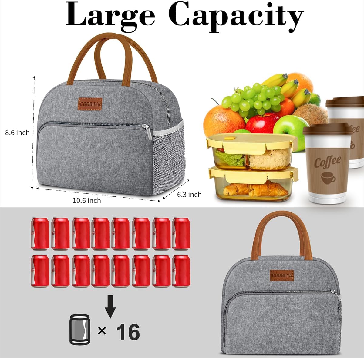 Coobiiya Lunch Bag Lunch Box for Women Men, Small Leakproof Cute Lunch Tote Large Capacity Reusable Insulated Cooler Lunch Container for Work/Office/Picnic/Beach-Grey