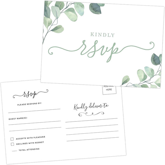 Your Main Event Prints 50 Eucalyptus RSVP Postcards for Wedding - Greenery Response Cards - Perfect for Bridal Shower, Rehearsal Dinner, Engagement Party, Baby Shower