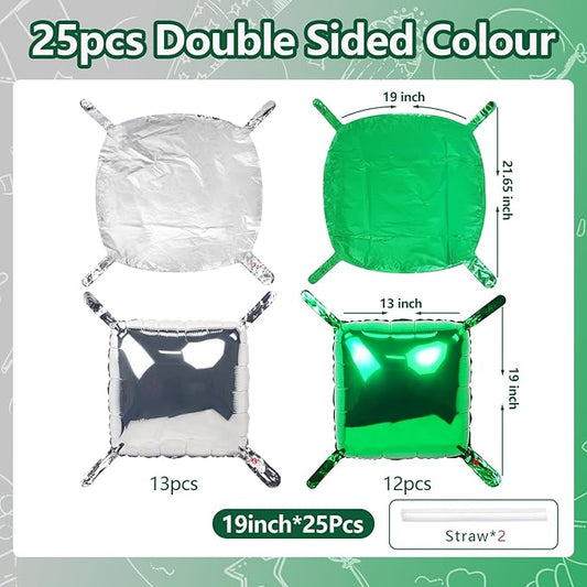 NISOCY 25PCS Green Silver Square Foil Balloons Wall Backdrop Double Sided Silver Green Balloons Arch Kit for Birthday Anniversary Graduation Forest Baby Bridal Shower Kids Party Decorations
