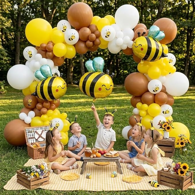 144PCS Bee Balloon Arch Garland Kit with Yellow Brown White Balloons for Honey Bumble Bee Theme Birthday Decorations, What Will It Bee Gender Reveal, Sunflower Party Decor