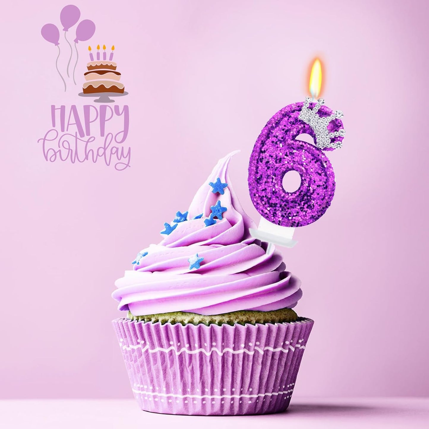 Purple Birthday Candle for Cake, Crown Purple Number Candles, 2.76 inch Cake Topper Decoration for Princess Birthday Party (Number 6)