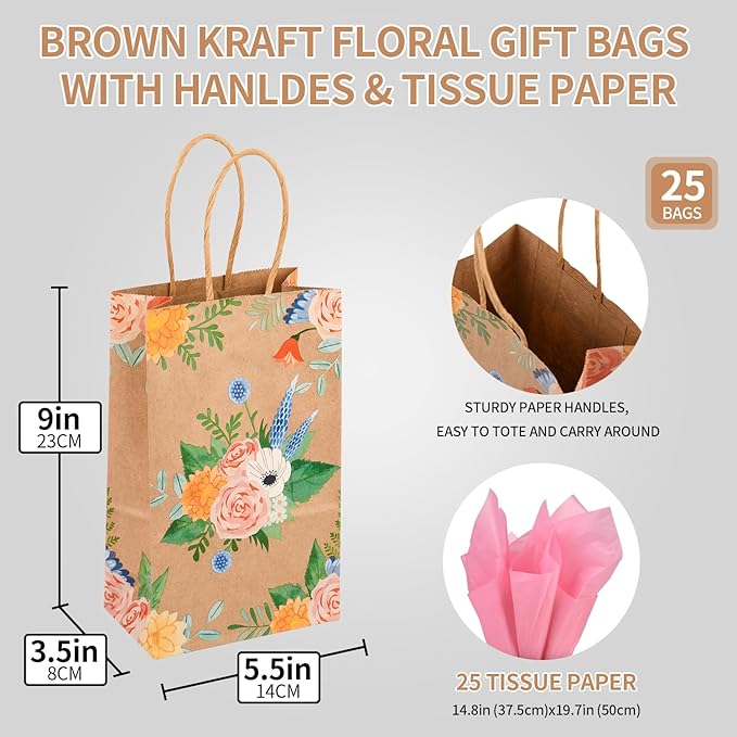 DjinnGlory 25 Pack Small Brown Kraft Floral Paper Gift Bags with Handles and Pink Tissue Paper for Party Goodies, Mother's Day, Thank You Vintage Flowers (9x5.5x3.15 Inch)