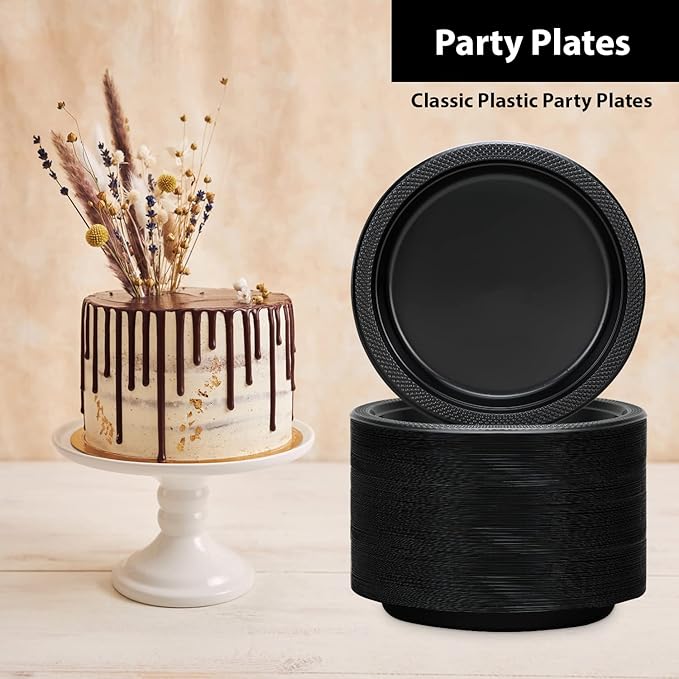 Hanna K. Signature Black Plastic Plates 9 Inch - 600 count - Plastic Solid Round Party Plates For Weddings, BBQs, Birthday Plates - Disposable Black Plates - Plastic Dessert Plates