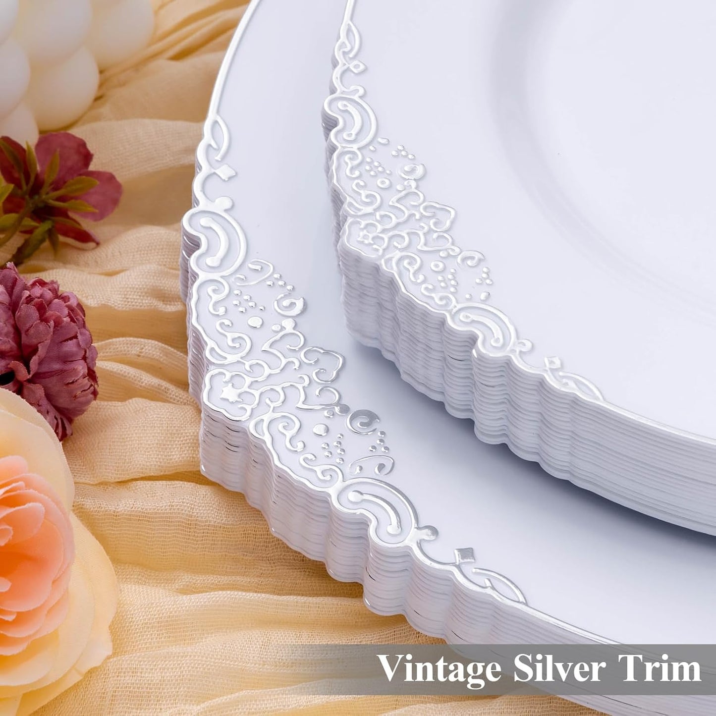 100 PCS White and Silver Disposable Plastic Plates for 50 Guests - 50 Dinner Plates, 50 Dessert Plates for Party, Wedding, and Graduation