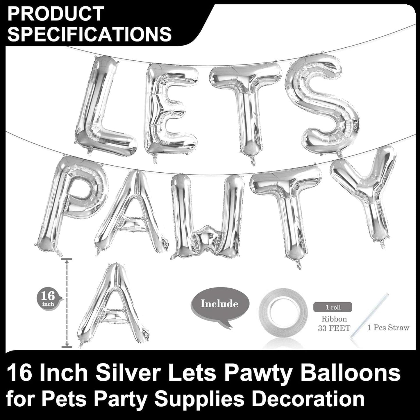 9 Pcs Lets Pawty Balloons Banner 16 Inch, Dog Cat Pet Birthday Letters Sign Lets Pawty Balloons Happy Birthday Banner for Pet Dog Cat Party Supplies Decorations (Silver)