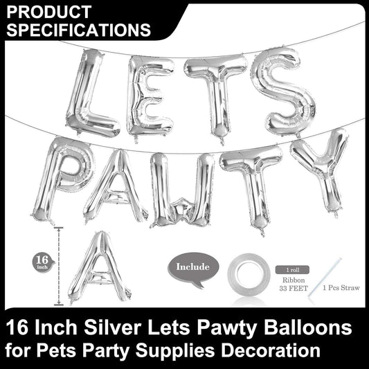 9 Pcs Lets Pawty Balloons Banner 16 Inch, Dog Cat Pet Birthday Letters Sign Lets Pawty Balloons Happy Birthday Banner for Pet Dog Cat Party Supplies Decorations (Silver)