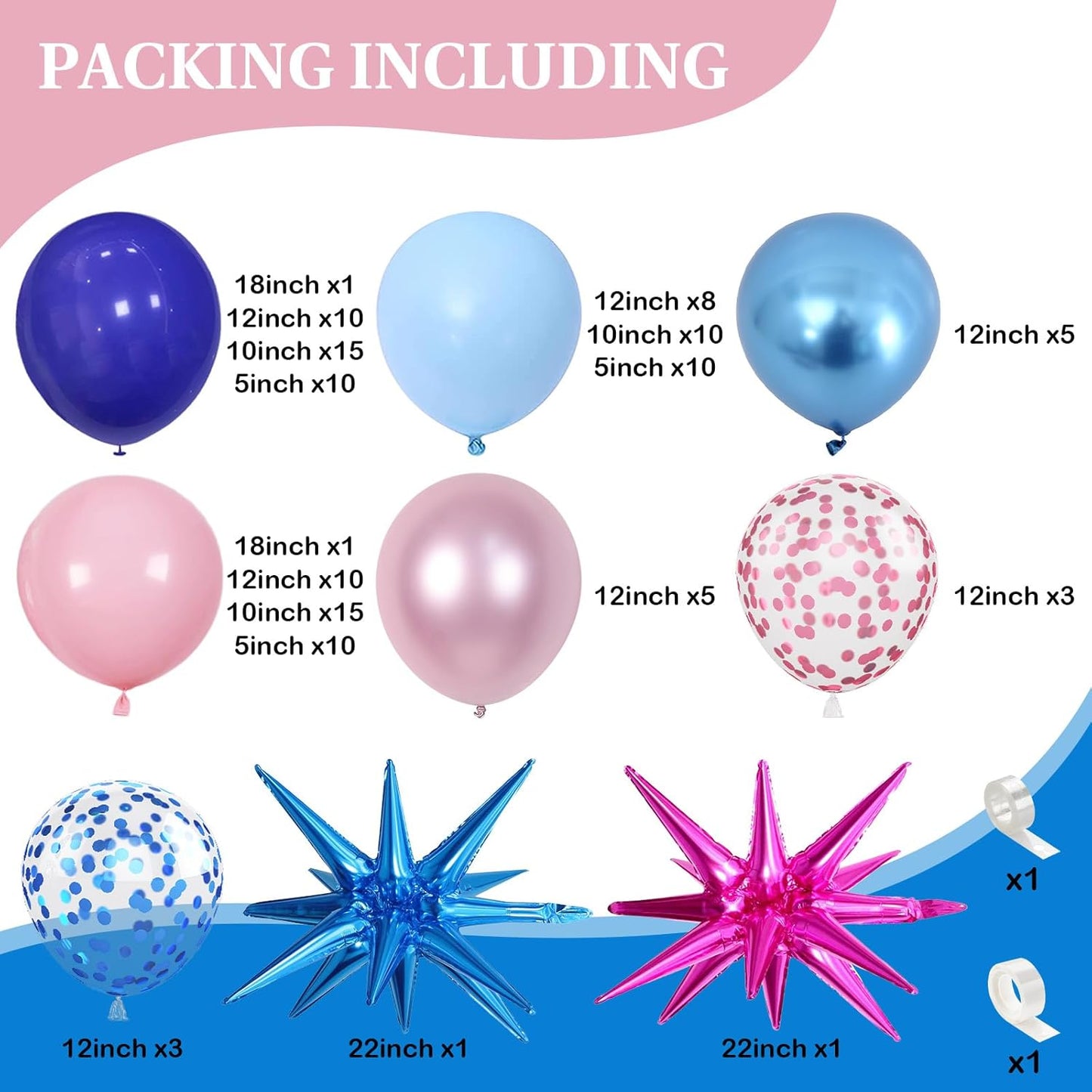 Royal Blue and Pink Balloons Arch 118pcs Pastel Blue Light Pink Balloons Garland Metallic Confetti Latex Balloon Explosion Star Foil Summer Hawaii Birthday Party Decorations Gender Reveal Baby Shower