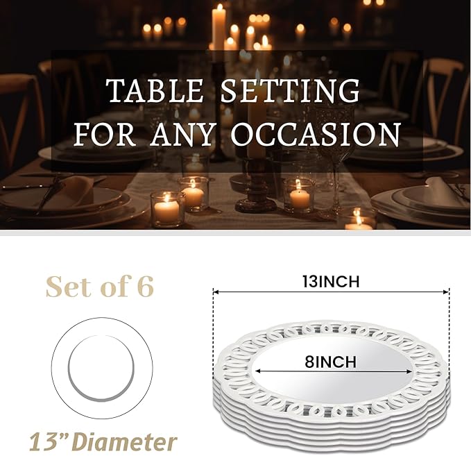 MAONAME 13" White Charger Plates, Plastic Plate Charger with Circle Winding Rim, Round Chargers for Dinner Plates, Mirror Chargers for Table Setting, Wedding, Set of 6