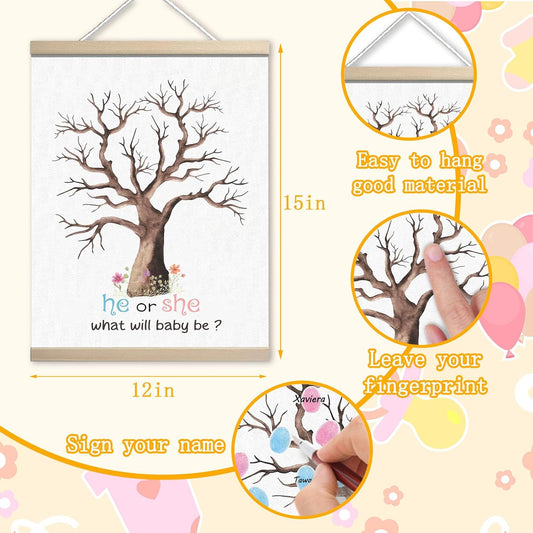 Baby Gender Reveal Decorations, Gender Reveal Fingerprint Leaves Tree, He or She Keepsake, Thumbprint Hanging Paintings(12x15in)